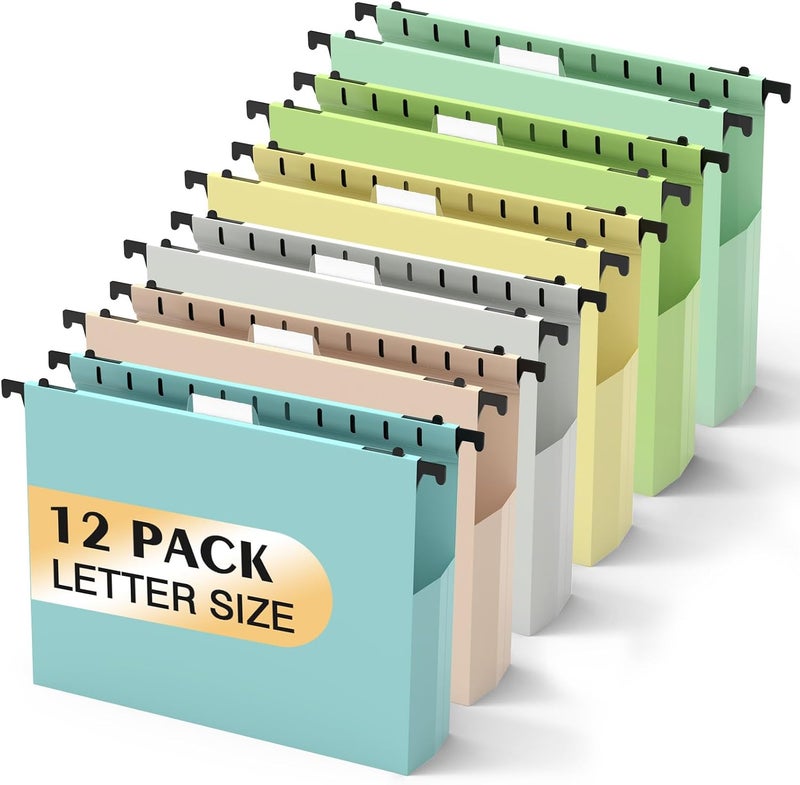 SHUTEX Extra Capacity Plastic Hanging File Folders,12 Pack Reinforced Hang Folder,Heavy Duty 2 Inch Expansion,Filing Cabinet Folders Letter Size for Bulk Files/Medical Charts (Morandi Colors) - Image 1